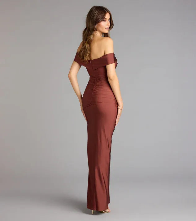 Elegant Sheath Sweetheart Neckline Off-Shoulder Ruched Floor-Length Subtle Side Slit Prom Dresses hot sale