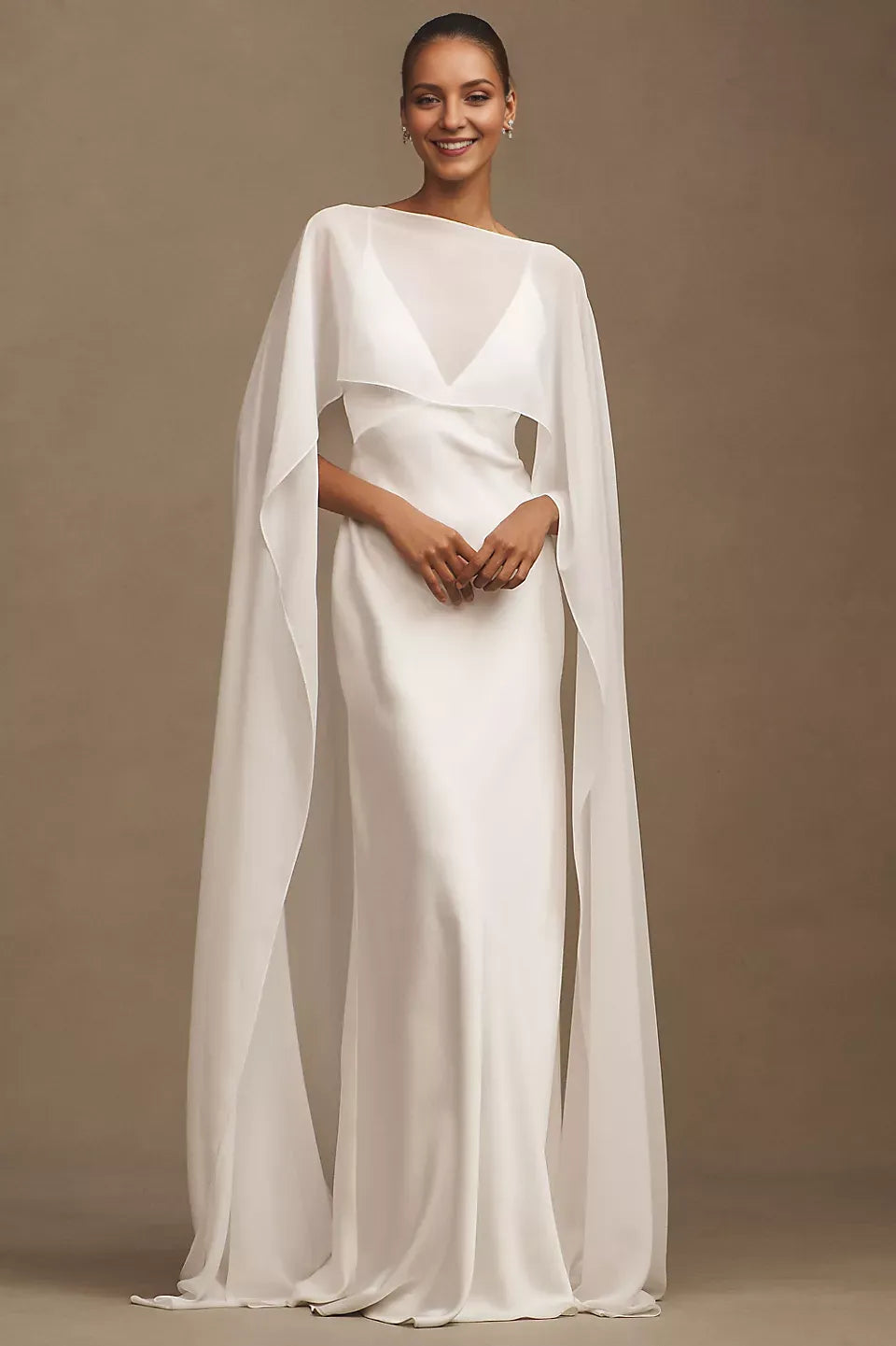 Elegant Sheath V-Neck Cape Sleeve Open-Back Floor-Length Wedding Dresses for ladies