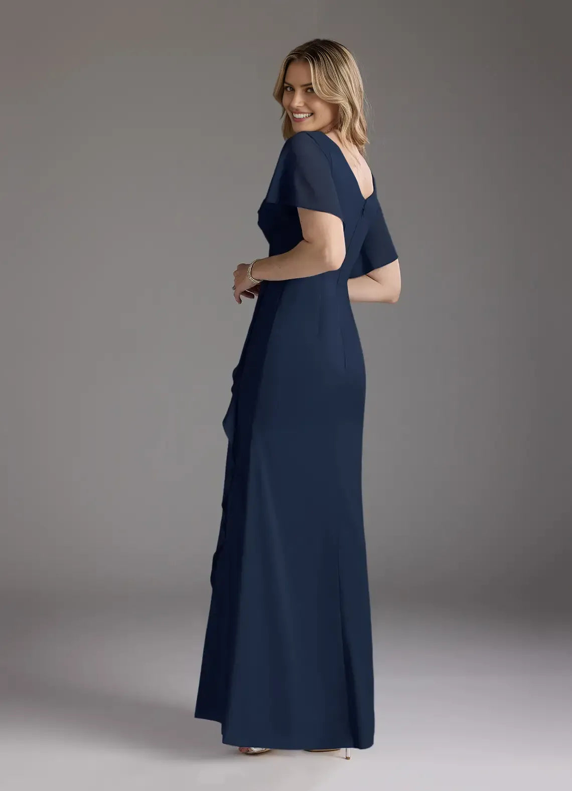 Elegant Sheath V-Neck Flutter-Sleeve Zip-Back Floor-Length Mermaid Bridesmaid Mother of the Bride Dress