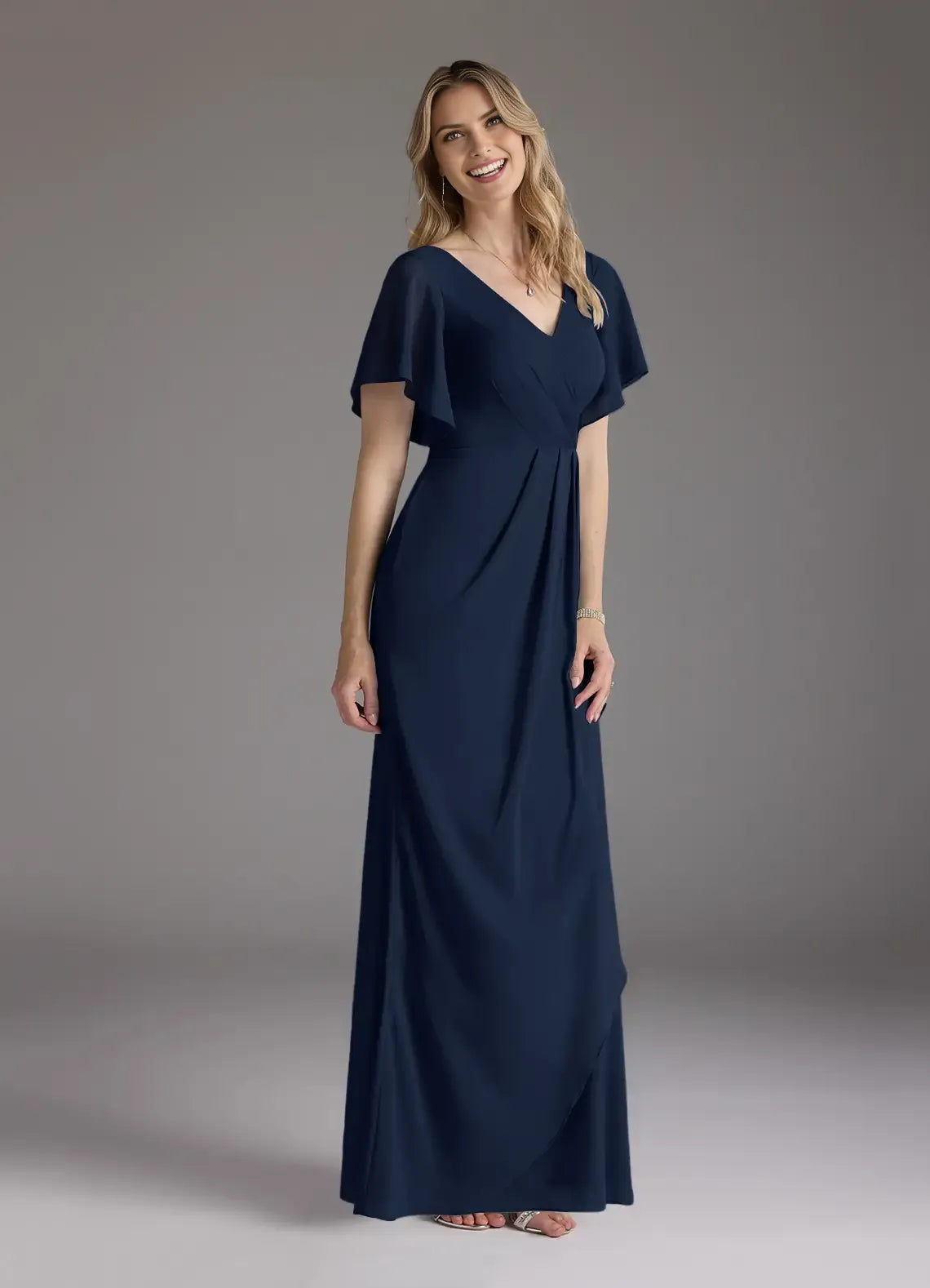 Elegant Sheath V-Neck Flutter-Sleeve Zip-Back Floor-Length Mermaid Bridesmaid Mother of the Bride Dress