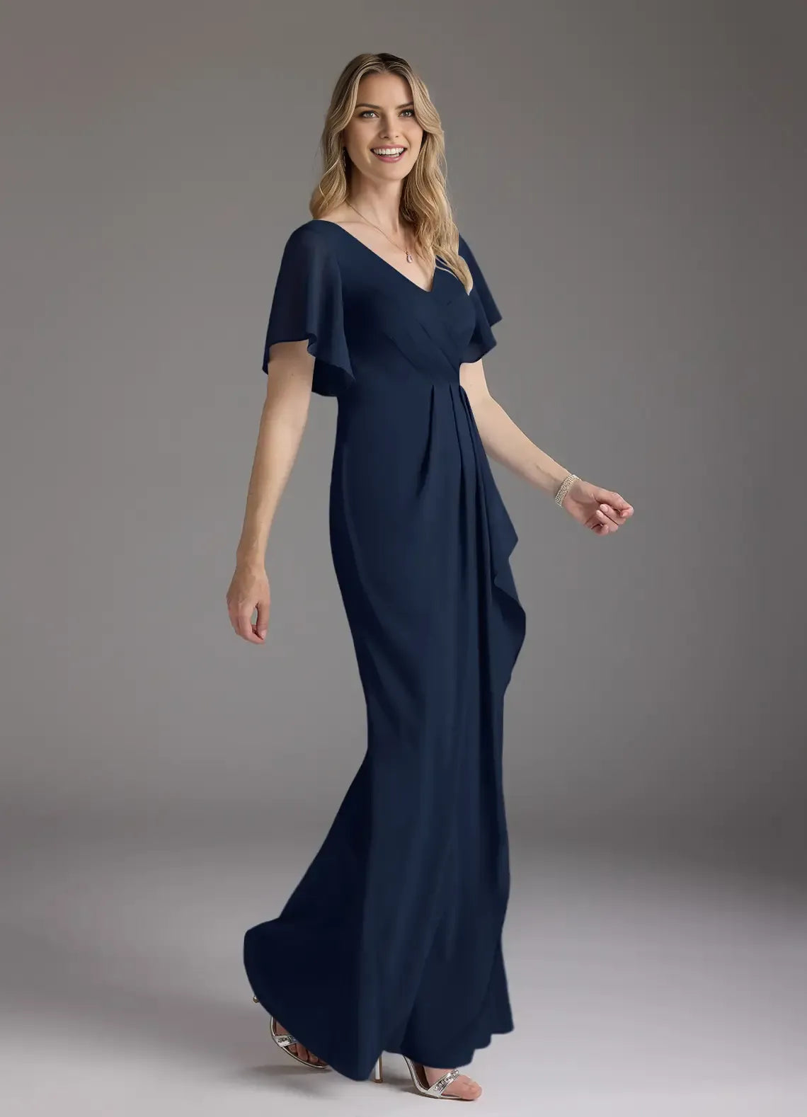 Elegant Sheath V-Neck Flutter-Sleeve Zip-Back Floor-Length Mermaid Bridesmaid Mother of the Bride Dress