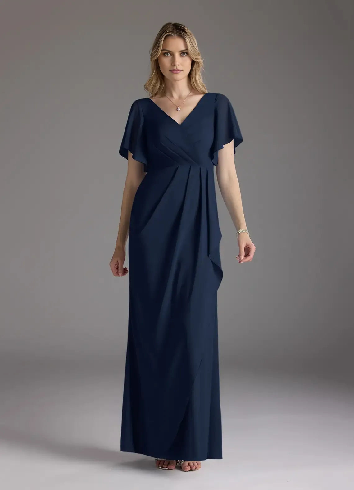 Elegant Sheath V-Neck Flutter-Sleeve Zip-Back Floor-Length Mermaid Bridesmaid Mother of the Bride Dress