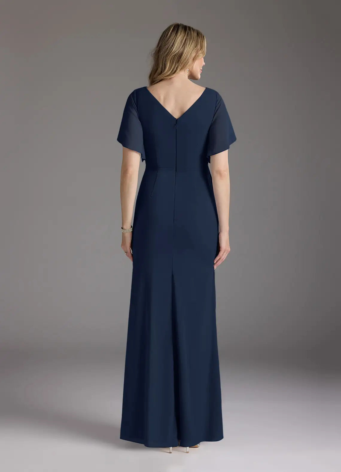 Elegant Sheath V-Neck Flutter-Sleeve Zip-Back Floor-Length Mermaid Bridesmaid Mother of the Bride Dress