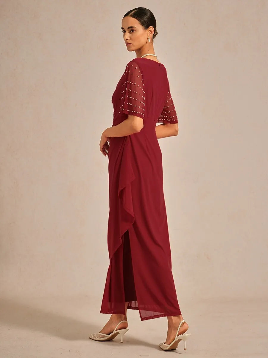 Elegant Sheath V-Neck Half Sleeve Beaded Red Maxi Evening Dress for Women Ready to Ship