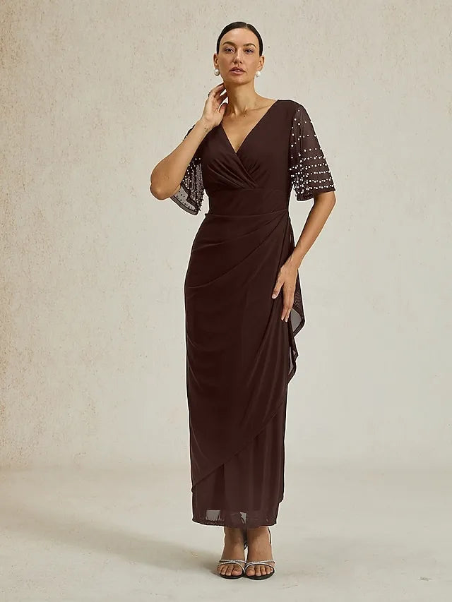Elegant Sheath V-Neck Half Sleeve Beaded Red Maxi Evening Dress for Women Ready to Ship