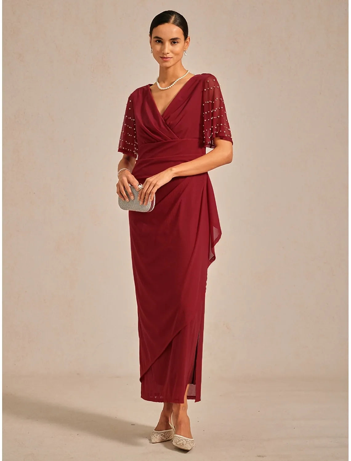 Elegant Sheath V-Neck Half Sleeve Beaded Red Maxi Evening Dress for Women Ready to Ship