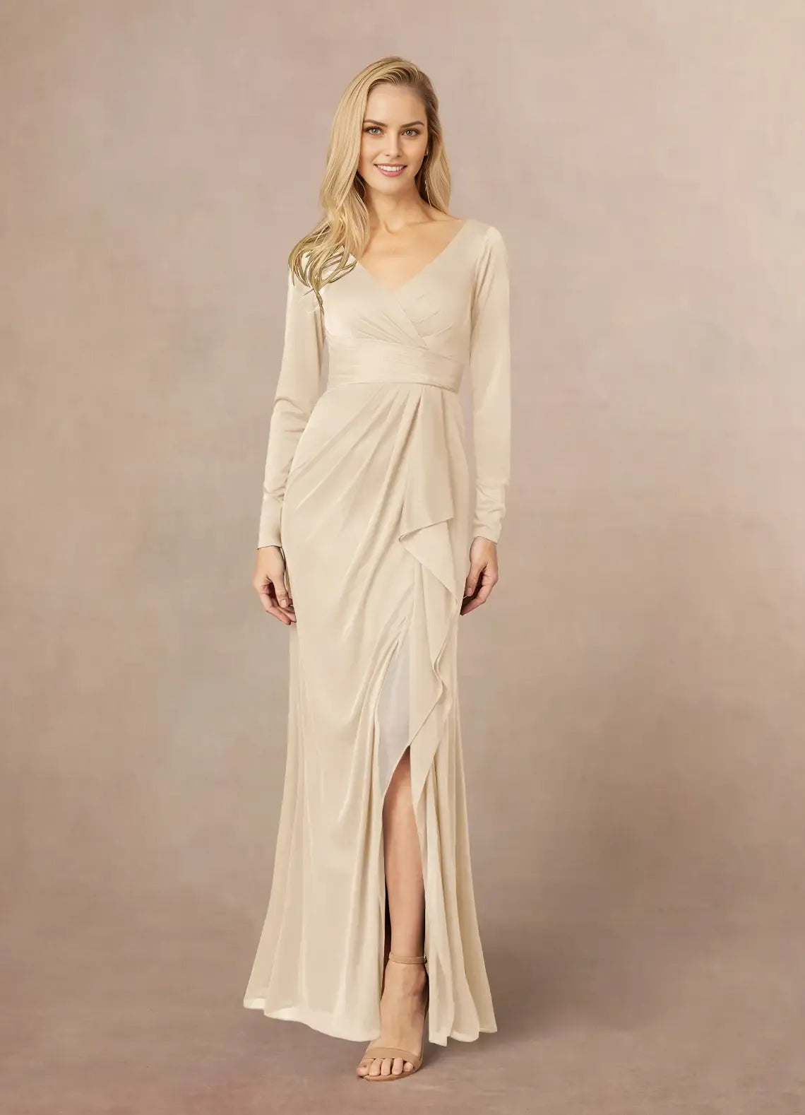 Elegant Sheath V-Neck Long-Sleeve Back Zip Floor-Length Mermaid Side Leg Slit Mother of the Bride Dress