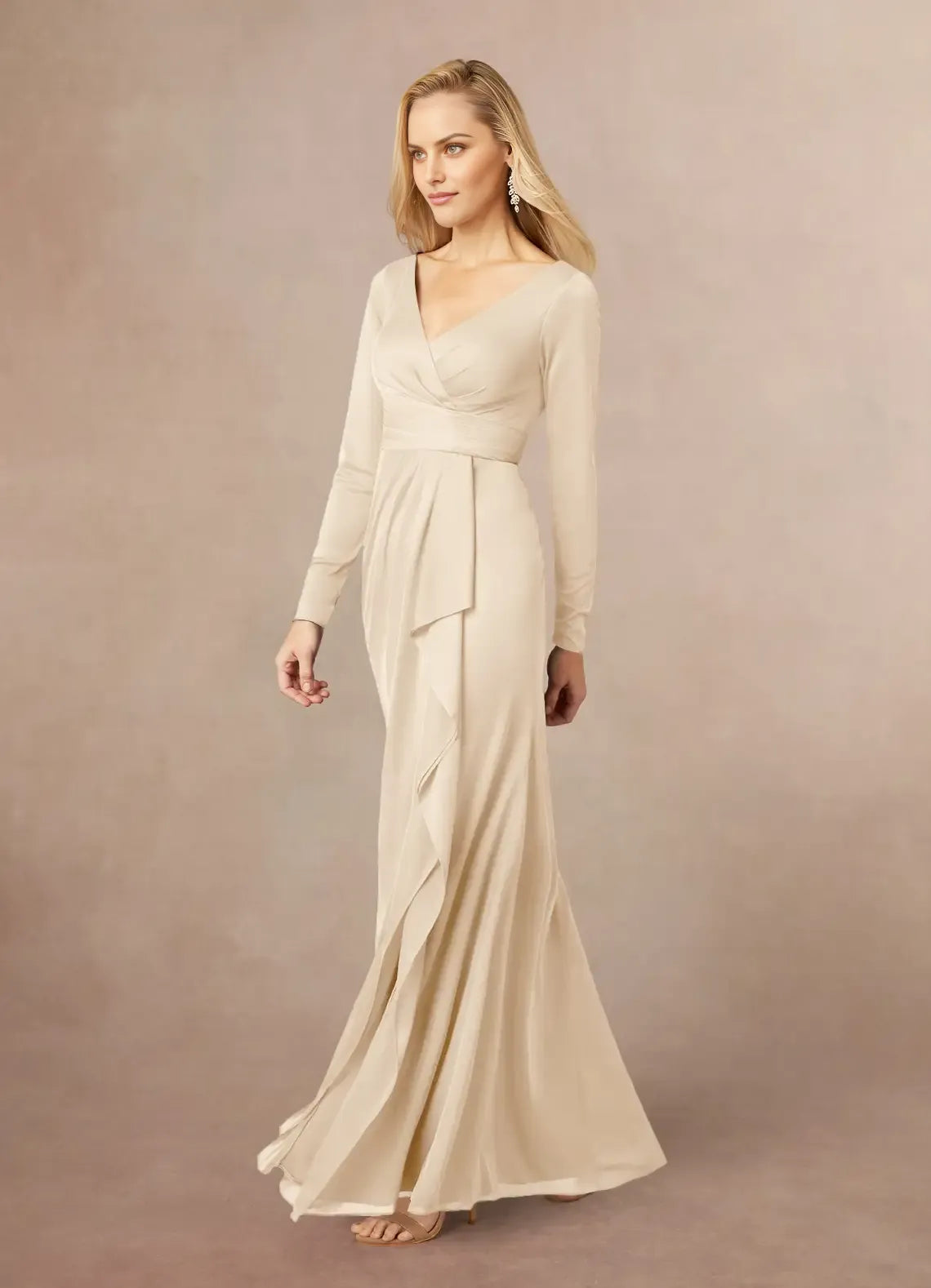 Elegant Sheath V-Neck Long-Sleeve Back Zip Floor-Length Mermaid Side Leg Slit Mother of the Bride Dress