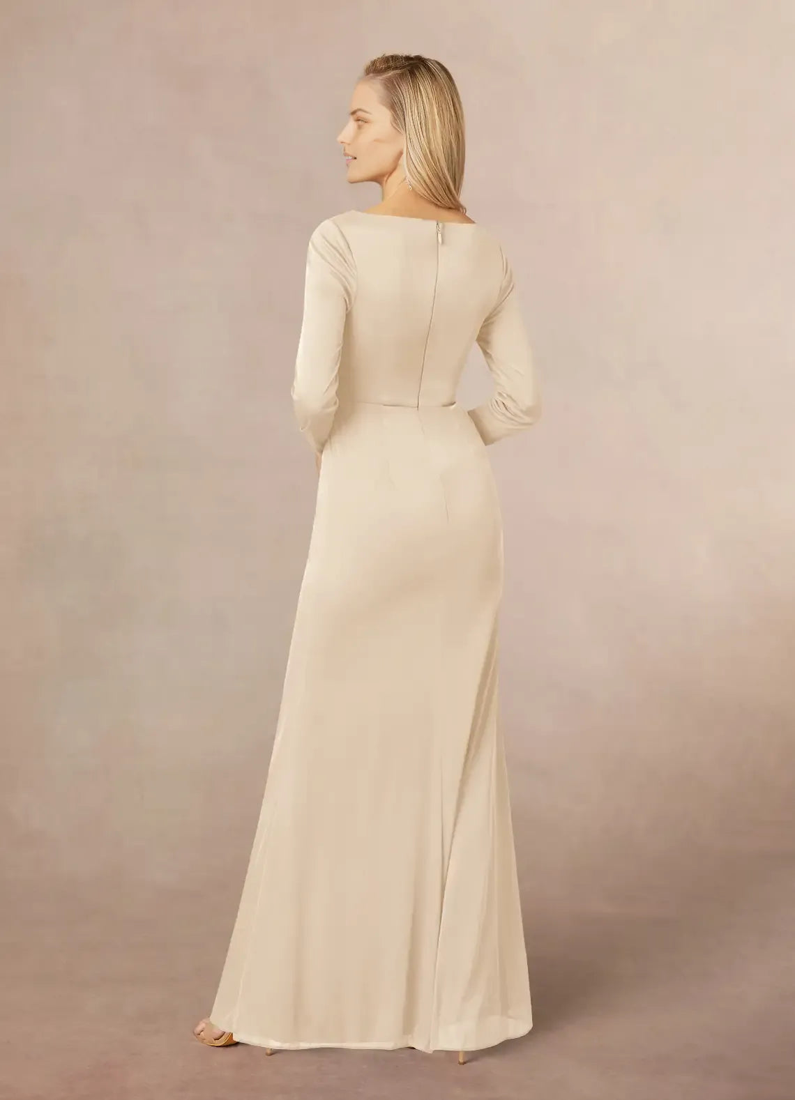 Elegant Sheath V-Neck Long-Sleeve Back Zip Floor-Length Mermaid Side Leg Slit Mother of the Bride Dress