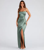 Elegant Sheath square neckline spaghetti straps bodice Draped-Back Floor-Length Prom Dresses high Slit