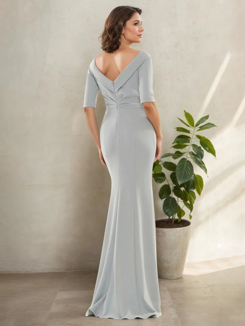 Elegant Silver Mermaid V-Neck 3/4-Sleeve Back Zip Floor-Length Beading Mother Of The Bride Dresses