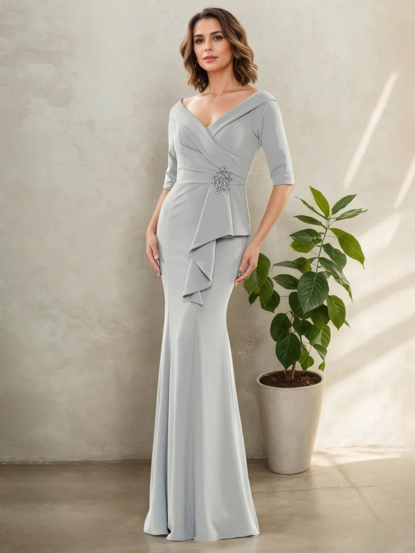 Elegant Silver Mermaid V-Neck 3/4-Sleeve Back Zip Floor-Length Beading Mother Of The Bride Dresses