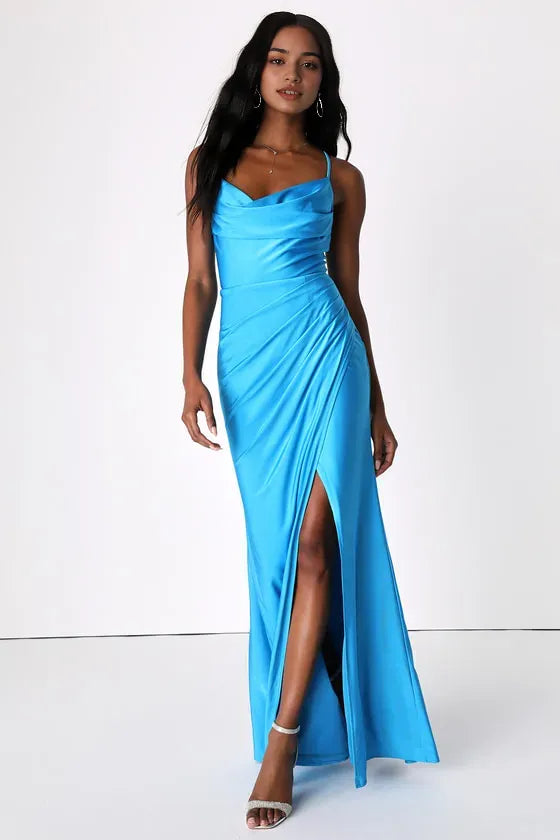Elegant Sky - Blue Satin Prom Dress with Cowl Neck Spaghetti Straps and High  Slit Design for Formal Occasions ﻿