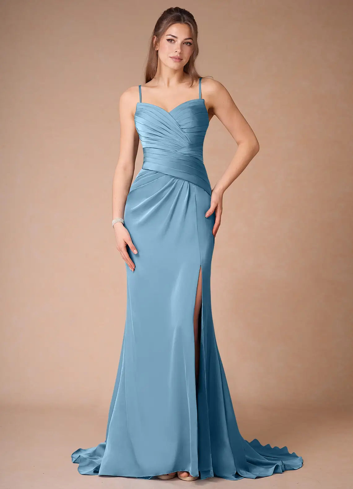 Elegant Sky - Blue Satin Prom Dress with Spaghetti Straps Ruched Bodice High Slit and Train for Formal Occasions