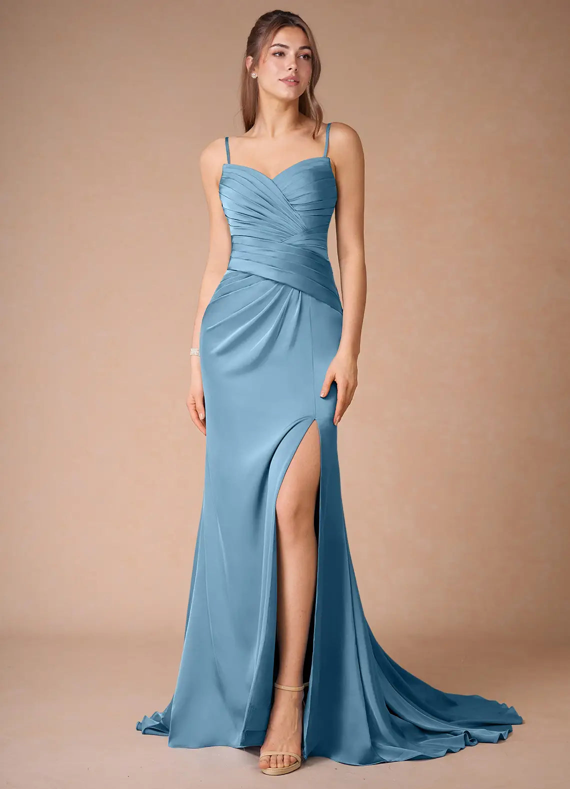 Elegant Sky - Blue Satin Prom Dress with Spaghetti Straps Ruched Bodice High Slit and Train for Formal Occasions