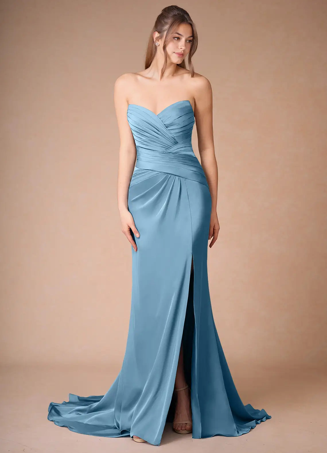 Elegant Sky - Blue Satin Prom Dress with Spaghetti Straps Ruched Bodice High Slit and Train for Formal Occasions