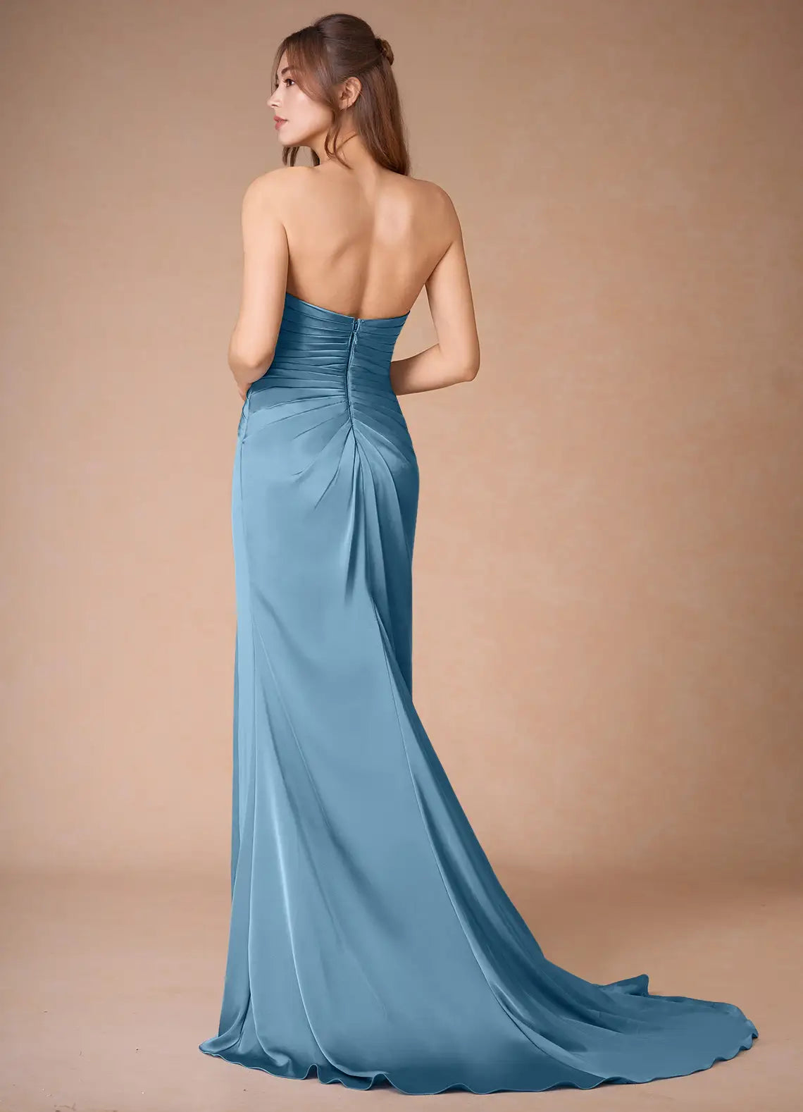 Elegant Sky - Blue Satin Prom Dress with Spaghetti Straps Ruched Bodice High Slit and Train for Formal Occasions