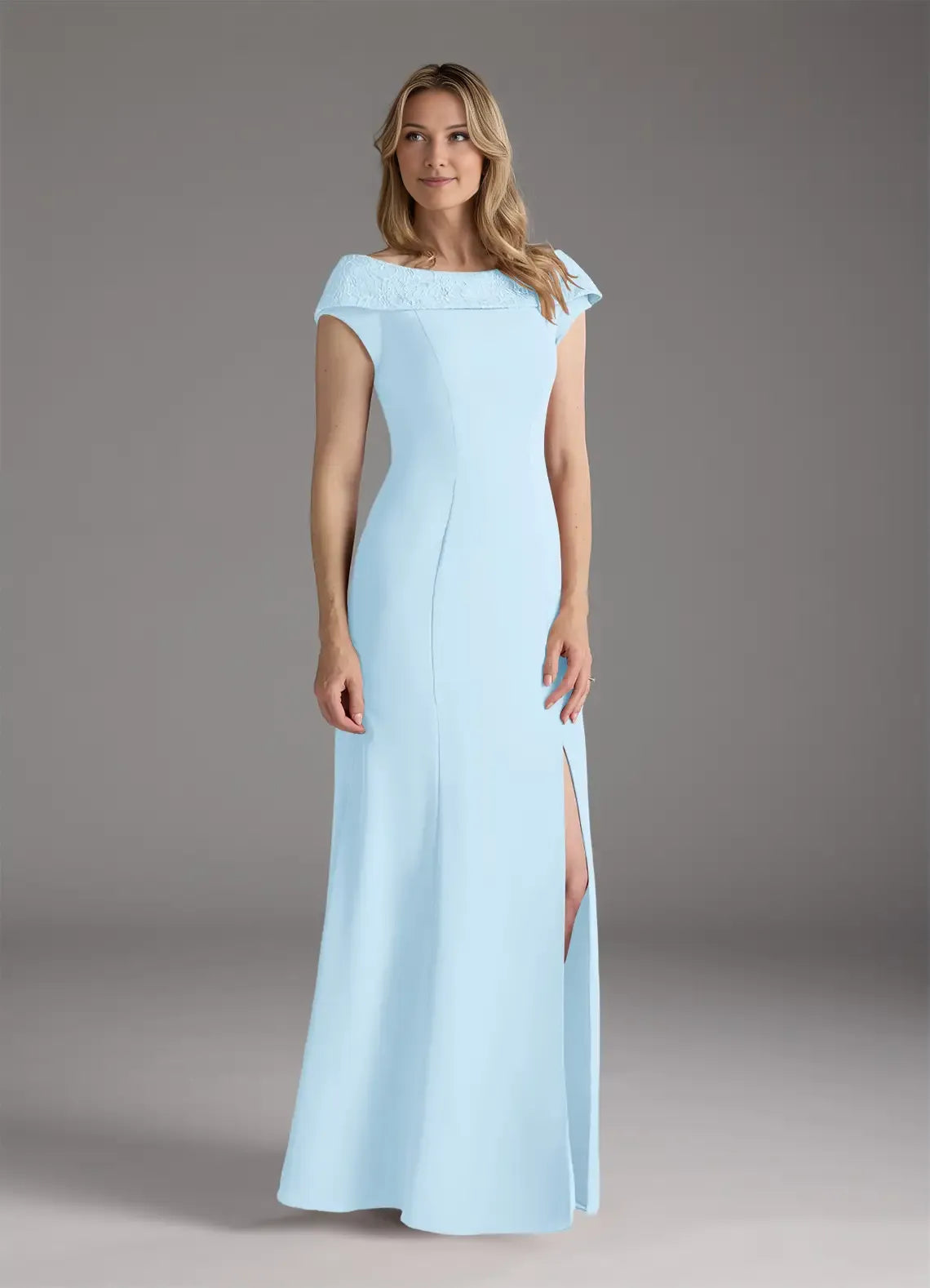 Elegant Sky Blue A-Line Boatneck Lace Chiffon Mother of the Bride Dress with Off - Shoulder Neckline Cap Sleeves Side Slit