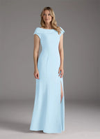 Elegant Sky Blue A-Line Boatneck Lace Chiffon Mother of the Bride Dress with Off - Shoulder Neckline Cap Sleeves Side Slit