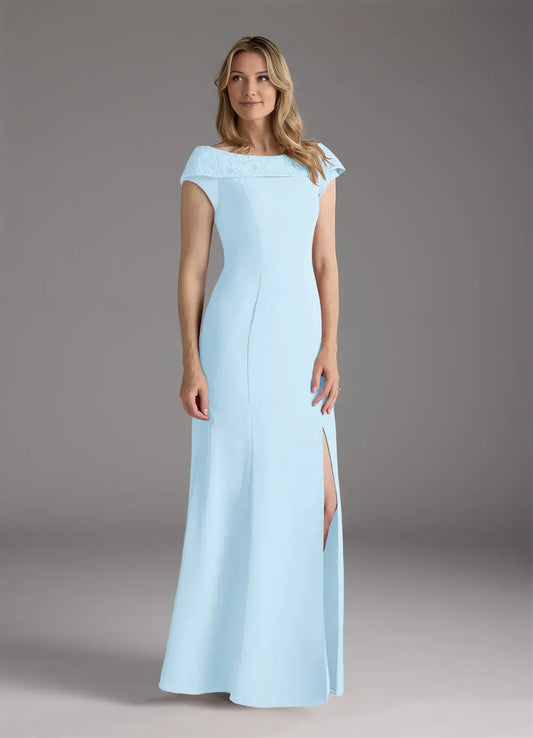 Elegant Sky Blue A-Line Boatneck Lace Chiffon Mother of the Bride Dress with Off - Shoulder Neckline Cap Sleeves Side Slit