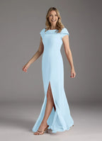 Elegant Sky Blue A-Line Boatneck Lace Chiffon Mother of the Bride Dress with Off - Shoulder Neckline Cap Sleeves Side Slit