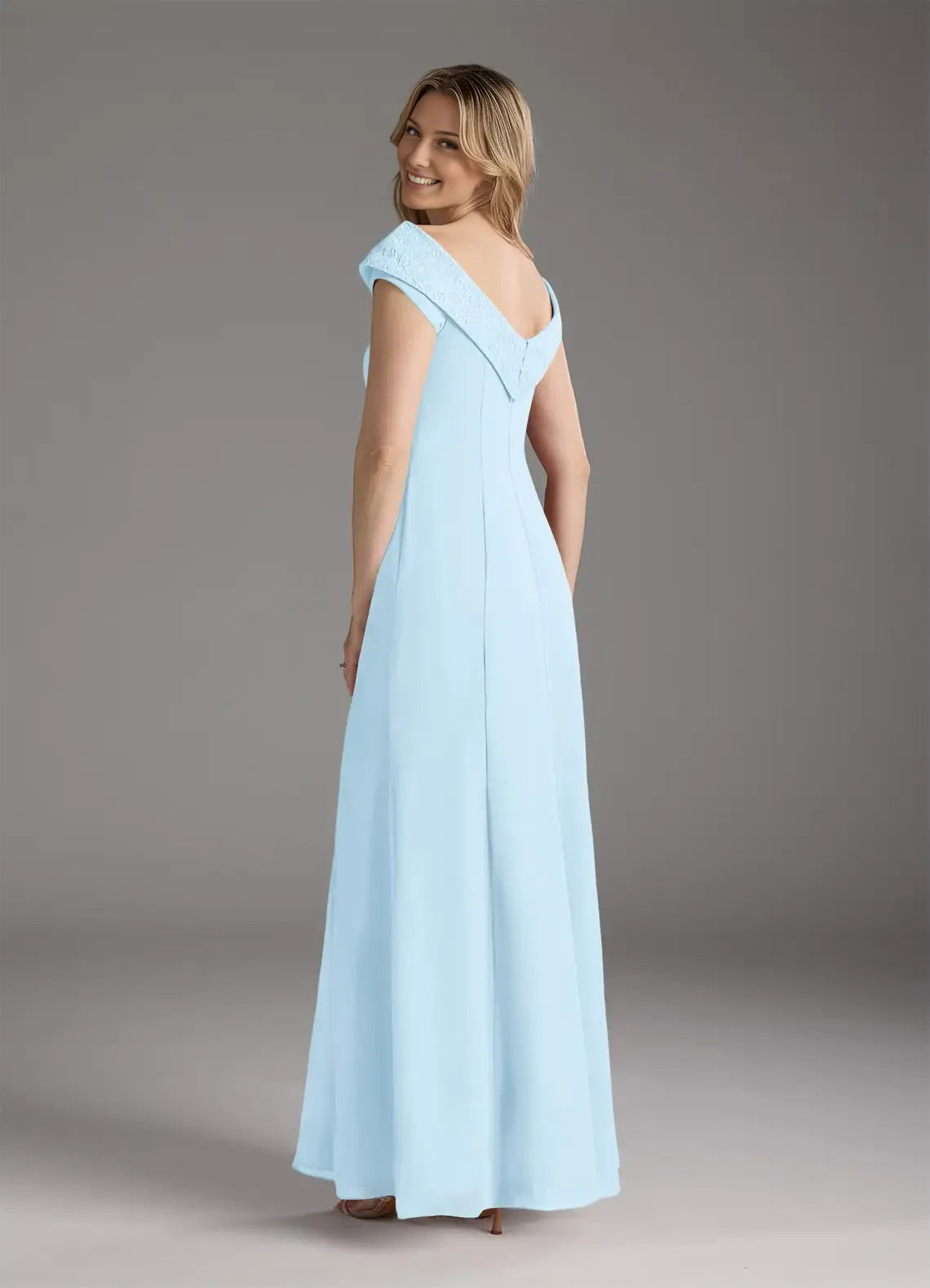 Elegant Sky Blue A-Line Boatneck Lace Chiffon Mother of the Bride Dress with Off - Shoulder Neckline Cap Sleeves Side Slit