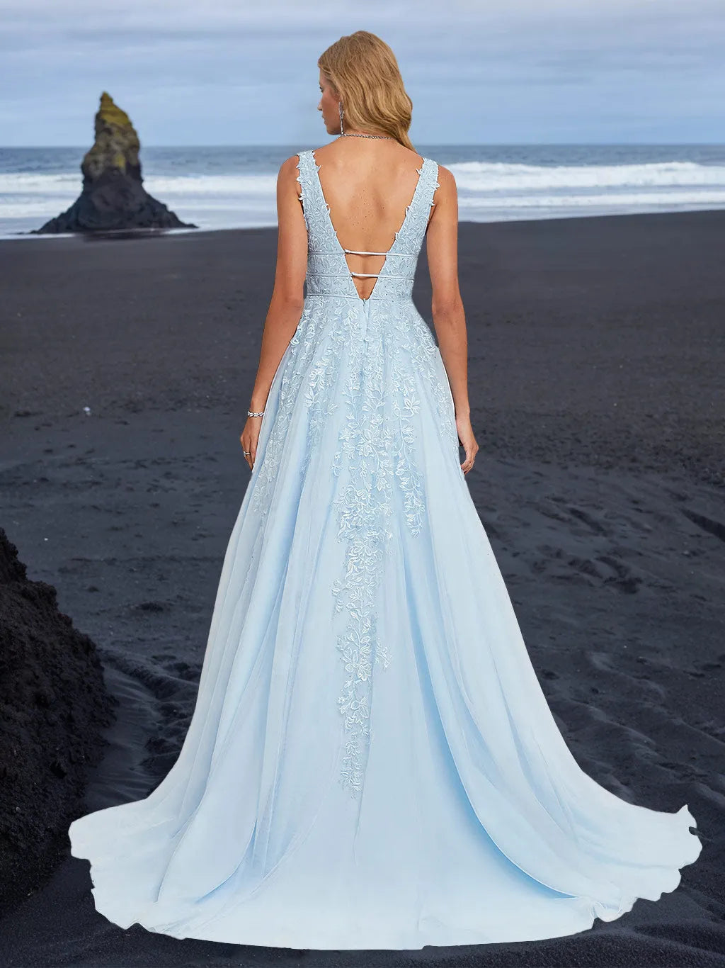 Elegant Sky Blue Chiffon A-Line Deep V-Neck Sleeveless Lace V back Floor-Length Prom Dresses with Appliques