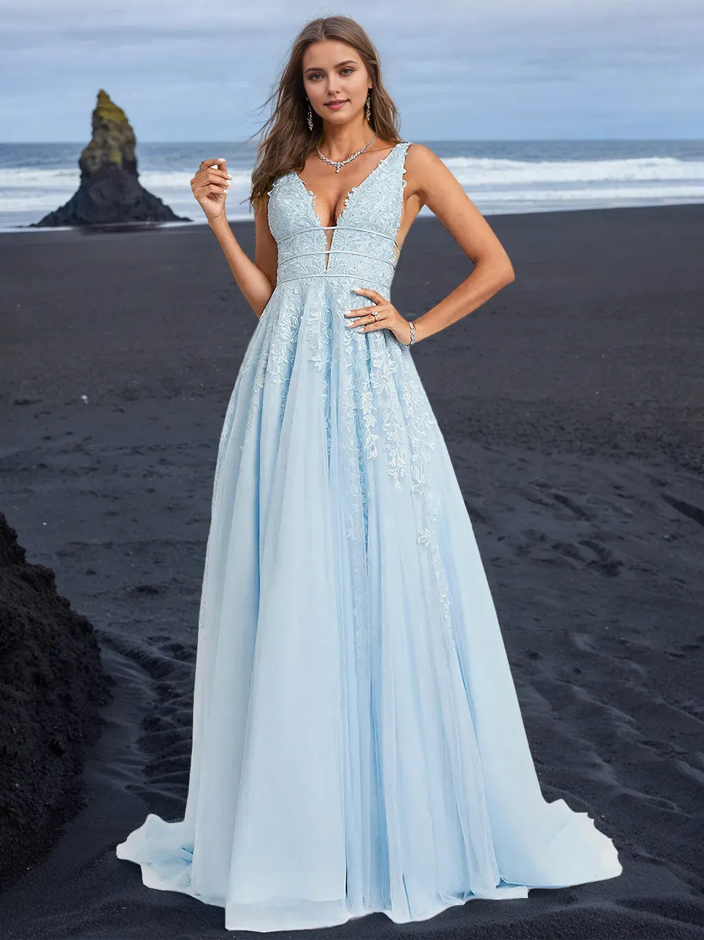 Elegant Sky Blue Chiffon A-Line Deep V-Neck Sleeveless Lace V back Floor-Length Prom Dresses with Appliques