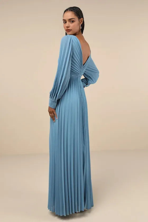 Elegant Sky Blue Pleated Evening Dresses with Plunging V - Neck Long Bishop Sleeves Ruched Bodice  Perfect for Sophisticated Formal Galas