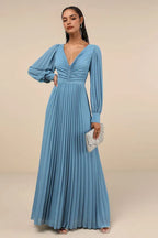 Elegant Sky Blue Pleated Evening Dresses with Plunging V - Neck Long Bishop Sleeves Ruched Bodice  Perfect for Sophisticated Formal Galas