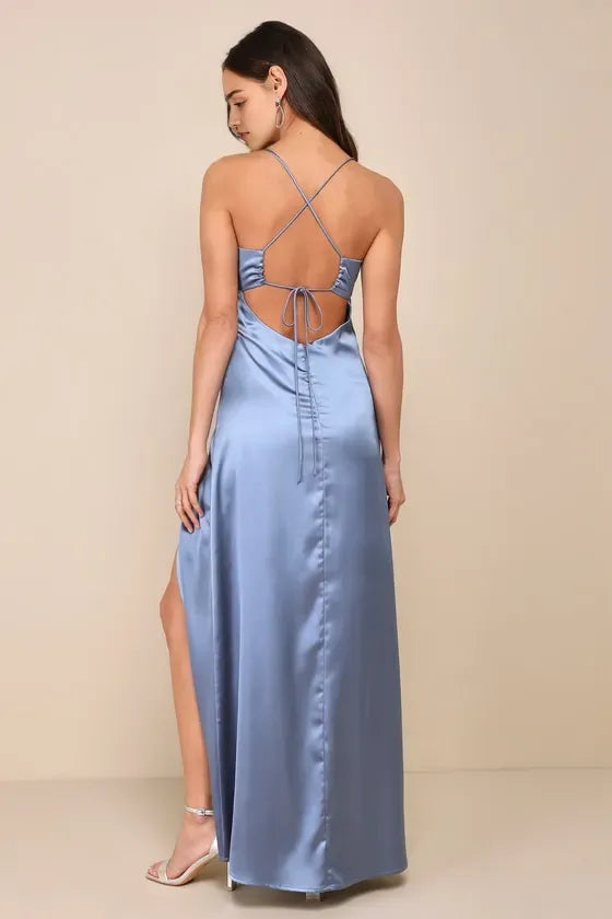 Elegant Sky Blue Satin Prom Dress with Spaghetti Straps Ruched Sweetheart Neckline and High Thigh Side Slit for Formal Occasions