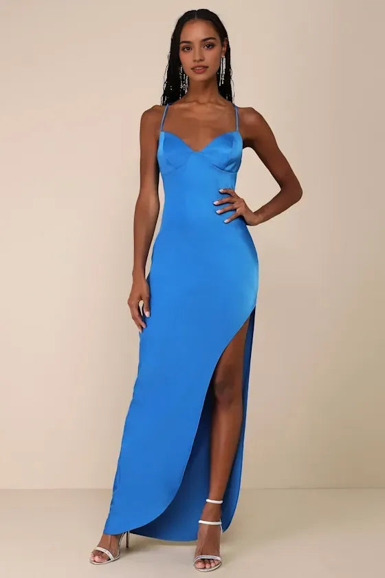 Elegant Sky Blue Satin Prom Dress with Spaghetti Straps Sweetheart Neckline and Asymmetric High Slit Skirt for Formal Occasions