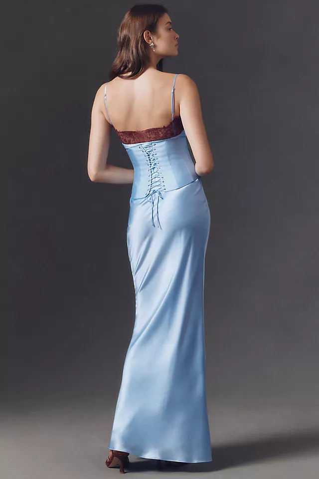 Elegant Sky Blue Sheath Cowl Neck Spaghetti Strap Lace Up Floor-Length Ruffled Back Long Prom Dresses