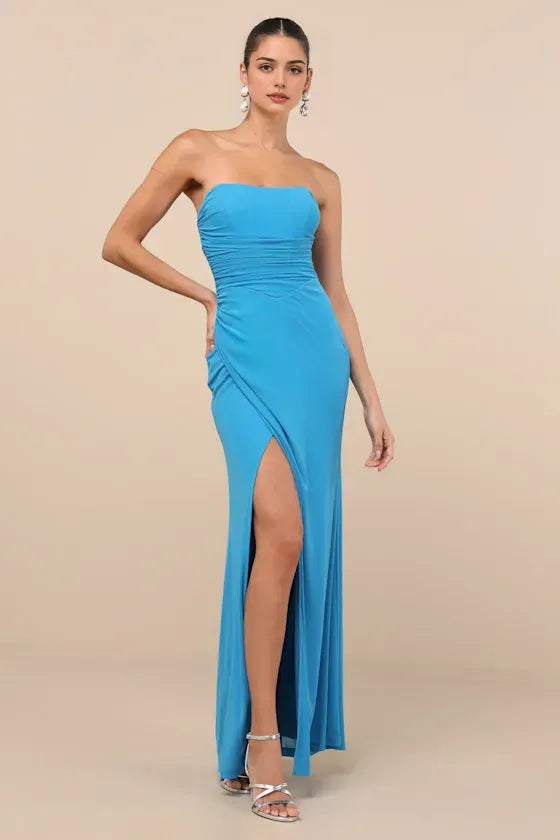 Elegant Sky Blue Strapless Evening Dresses with Ruched Bodice Asymmetric Wrap Skirt High Side Slit