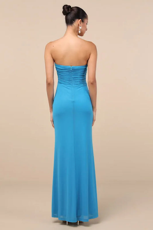 Elegant Sky Blue Strapless Evening Dresses with Ruched Bodice Asymmetric Wrap Skirt High Side Slit