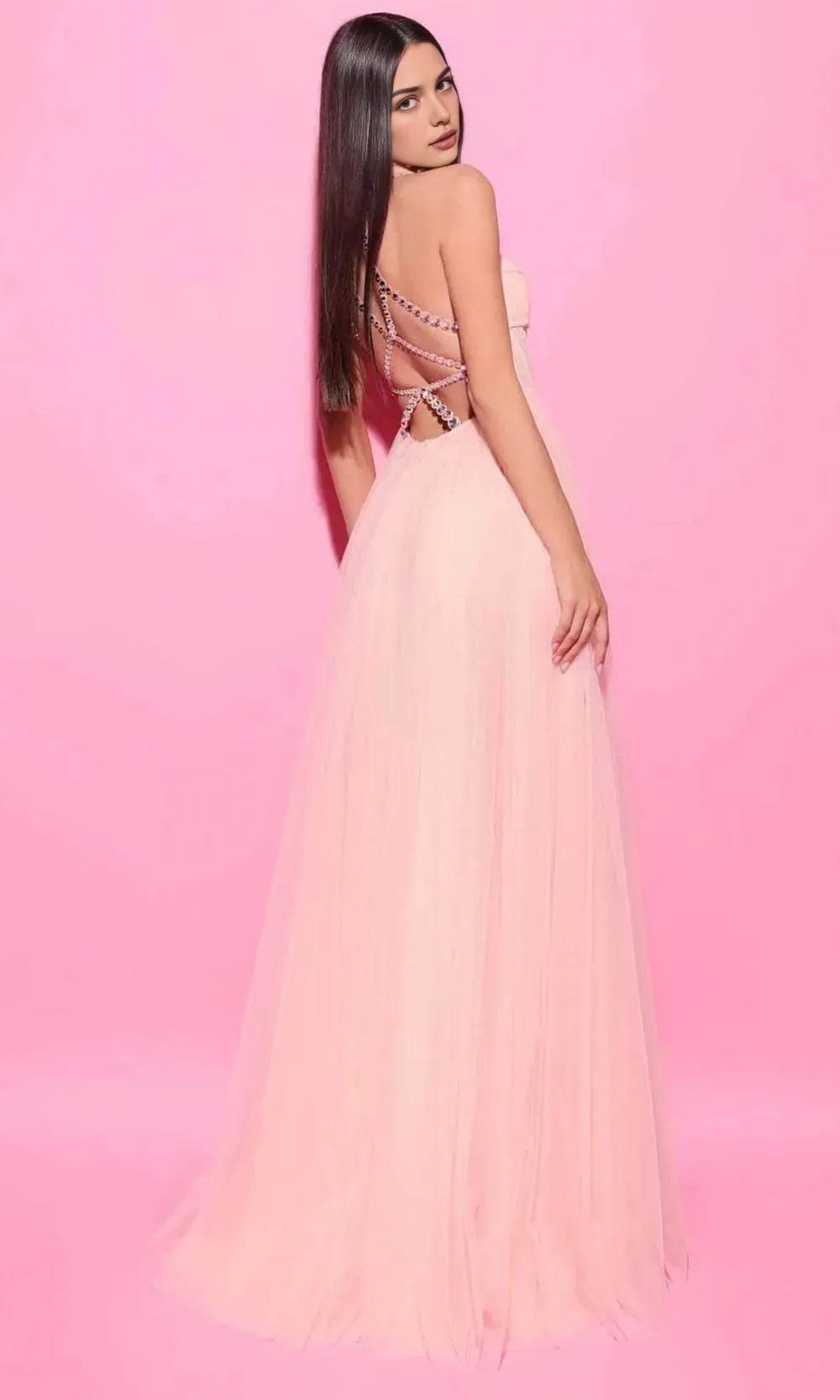Elegant Sky Blue Tulle Evening Dresses with Asymmetric Crystal Embellished Strap Plunge Neckline, Cut Out Detail, and Flowing A - Line Skirt