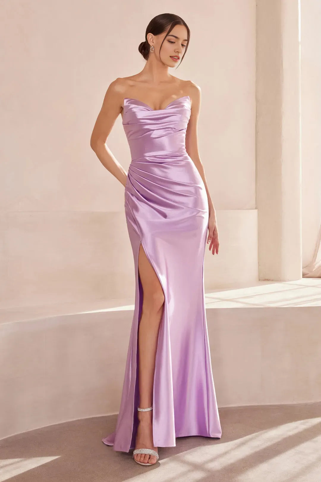 Elegant Slate Blue Satin Strapless Mermaid Prom Dress with High Side Slit