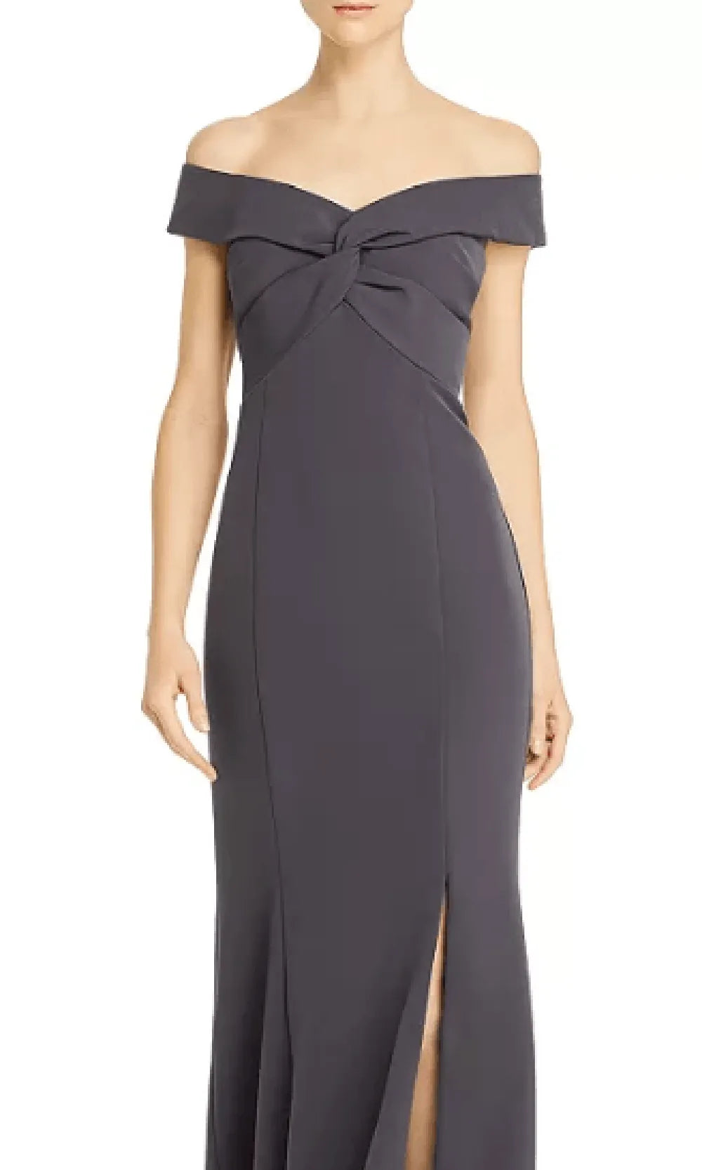 Elegant Slate Gray Off - Shoulder Evening Gown featuring Twist Front Detail  Mermaid Fit and High Slit