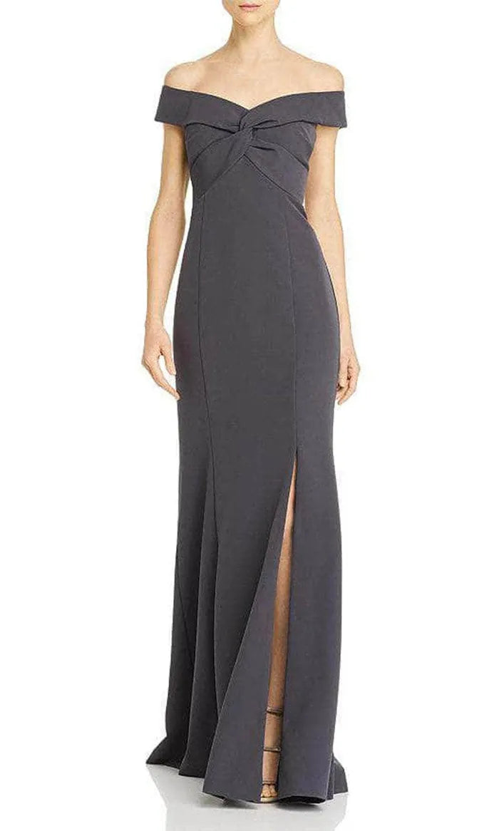 Elegant Slate Gray Off - Shoulder Evening Gown featuring Twist Front Detail  Mermaid Fit and High Slit