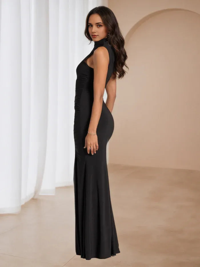 Elegant Sleeveless Black Prom Gown High Neck Ruched Detailing, and Side Slit for Sophisticated Nights