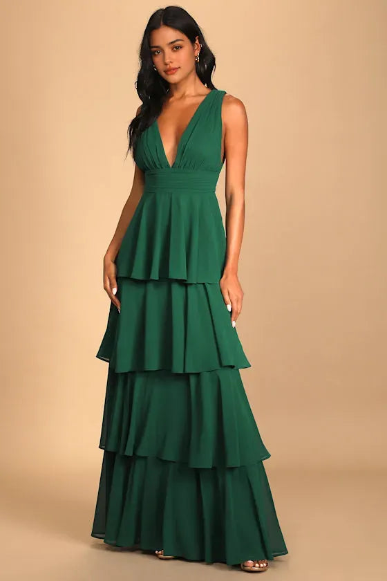 Elegant Sleeveless Emerald Green Evening Dress with Deep V - Neck and Tiered Chiffon Skirt  Perfect for Black Tie Occasions