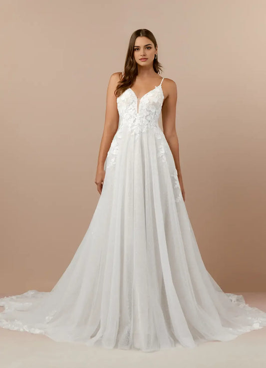 Elegant Spaghetti Strap A-Line V-Neck Lace Tulle Wedding Dress Sheer Tulle Fabric Floral Embroidery Plunging  Ball Gown Silhouette Train