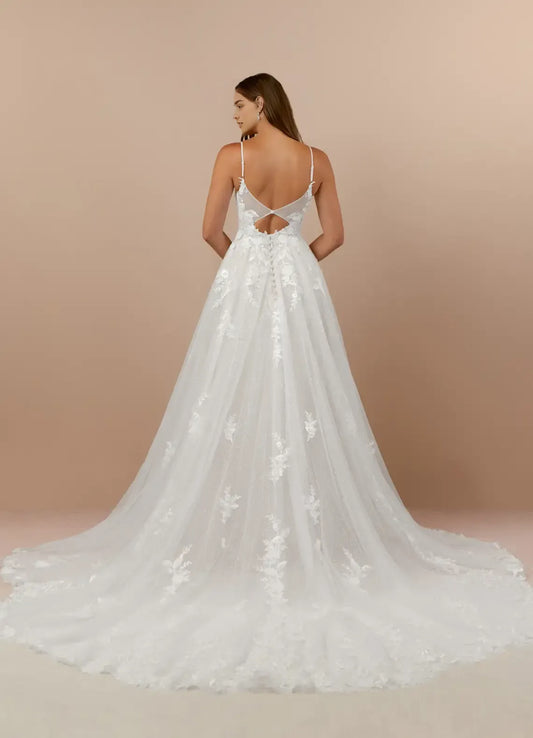 Elegant Spaghetti Strap A-Line V-Neck Lace Tulle Wedding Dress Sheer Tulle Fabric Floral Embroidery Plunging  Ball Gown Silhouette Train