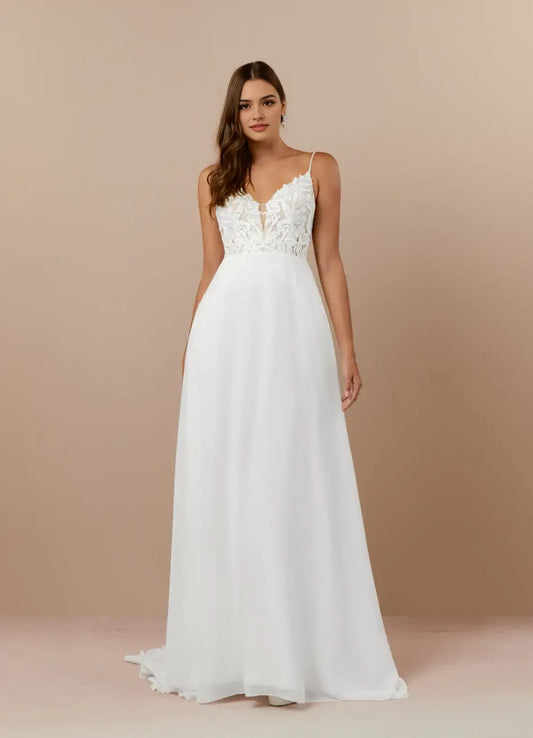 Elegant Spaghetti Strap Champagne A-Line V-Neck Sequins Chiffon Wedding Attire Plunging Lace Bodice Skirt Functional Hot Sale