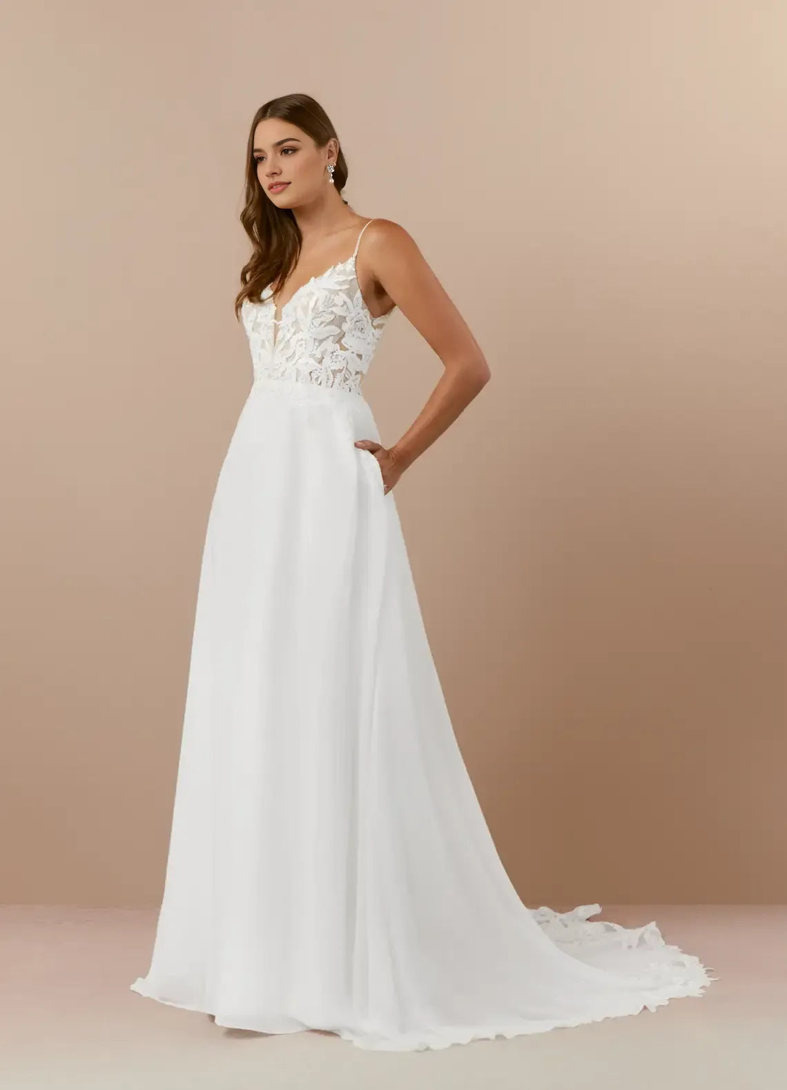 Elegant Spaghetti Strap Champagne A-Line V-Neck Sequins Chiffon Wedding Attire Plunging Lace Bodice Skirt Functional Hot Sale