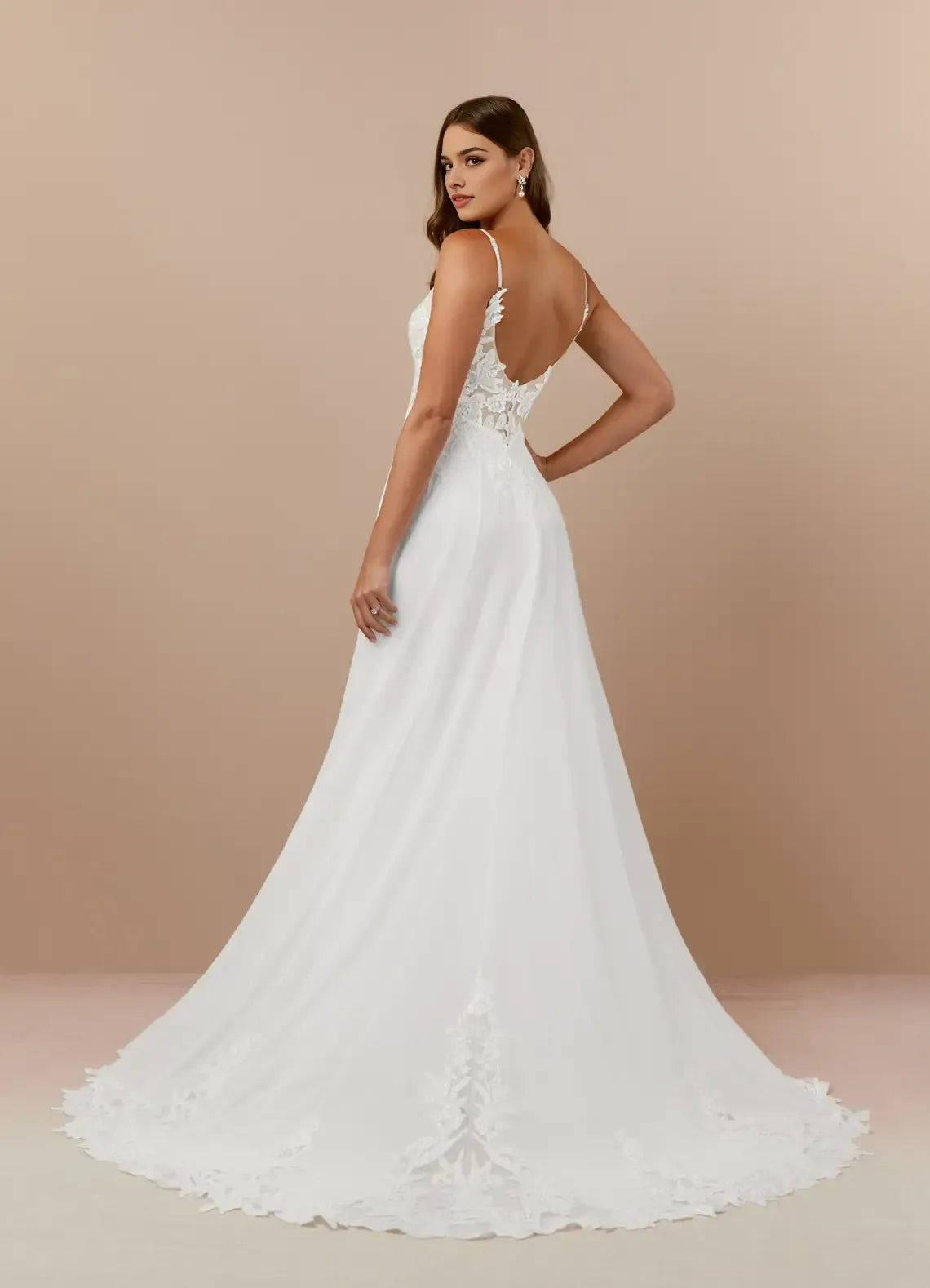 Elegant Spaghetti Strap Champagne A-Line V-Neck Sequins Chiffon Wedding Attire Plunging Lace Bodice Skirt Functional Hot Sale