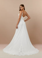 Elegant Spaghetti Strap Champagne A-Line V-Neck Sequins Chiffon Wedding Attire Plunging Lace Bodice Skirt Functional Hot Sale