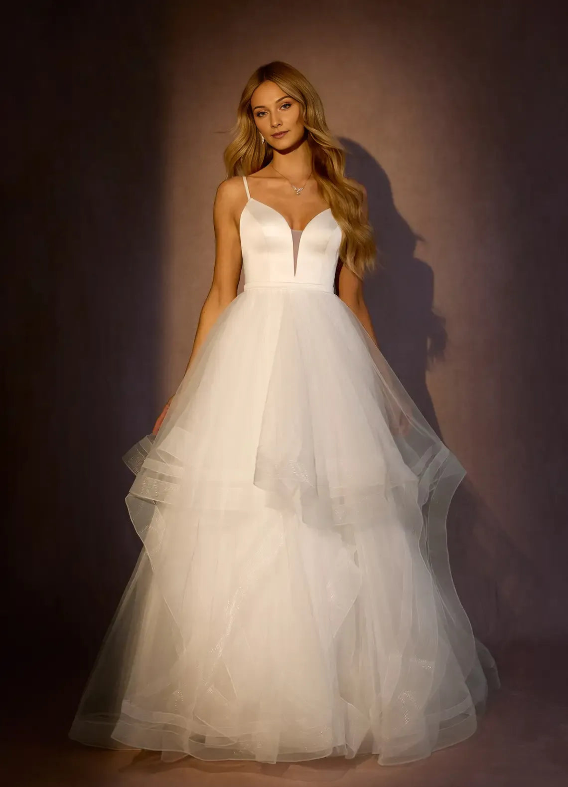 Elegant Spaghetti Strap V - Neck Wedding Dress with Layered Tulle Skirt and Satin Bodice for a Dreamy Bridal Look