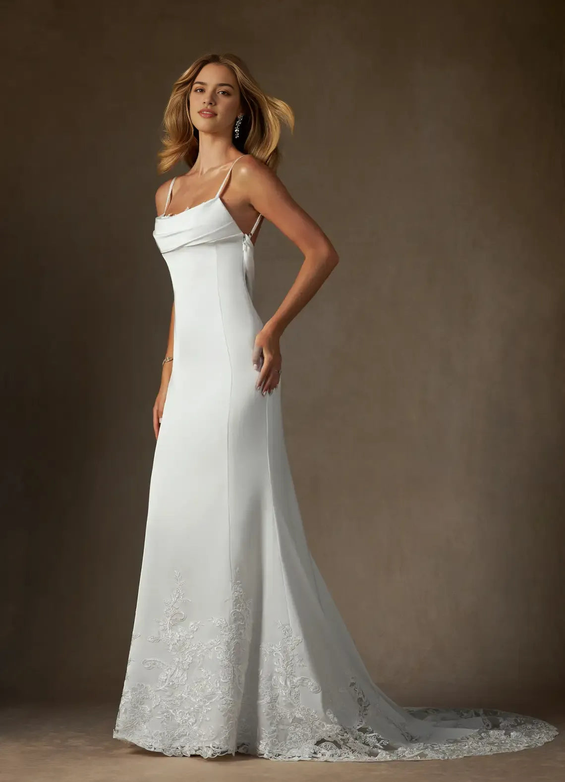 Elegant Spaghetti Strap Wedding Dress Cowl Neckline Sheer Lace Train Figure Hugging Silhouette Perfect for Timeless Bridal Looks