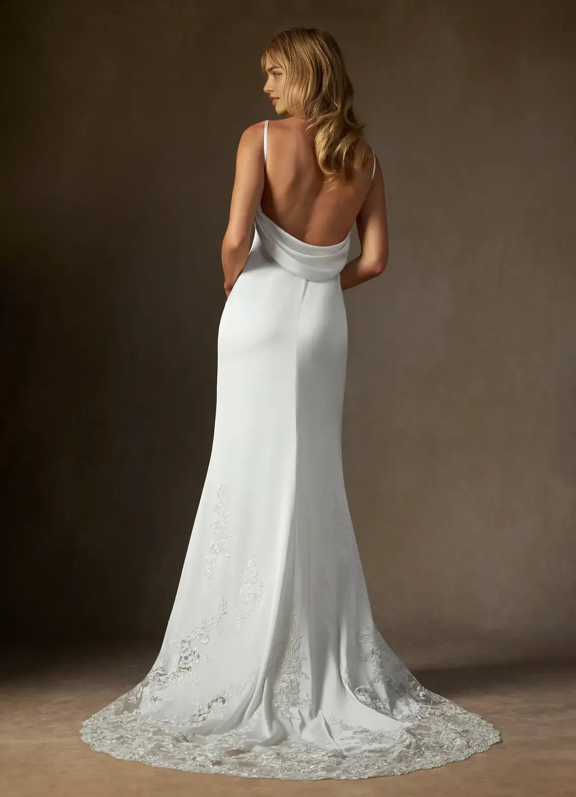 Elegant Spaghetti Strap Wedding Dress Cowl Neckline Sheer Lace Train Figure Hugging Silhouette Perfect for Timeless Bridal Looks